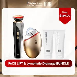INIA GLACE & FLARE Bundle – All-in-1 Face & Neck Sculpting Beauty Device for Lymphatic Drainage with Microcurrent Lifting, Lift, Tighten, De-Puff, Serum Infusion, Red & Blue Light, Thermal & Cryo Therapy, Buy 1 Get 4, Ideal Gift Set
