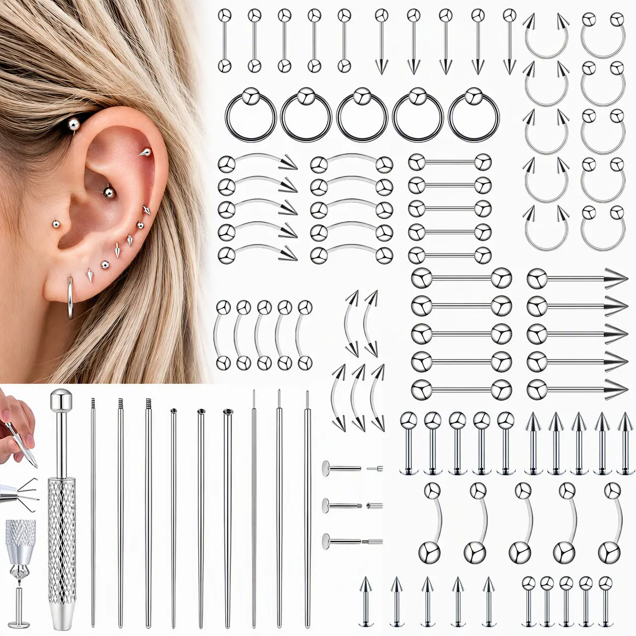 95PCS Stainless Steel Body Piercing Jewelry & Tool Set - 14G,16G,20G Jewelry for Women with Nose Piercings, Lip, Tongue, Cartilage, Tragus, Eyebrow, Industrial Barbell, Belly Button Rings Kit,sohochic