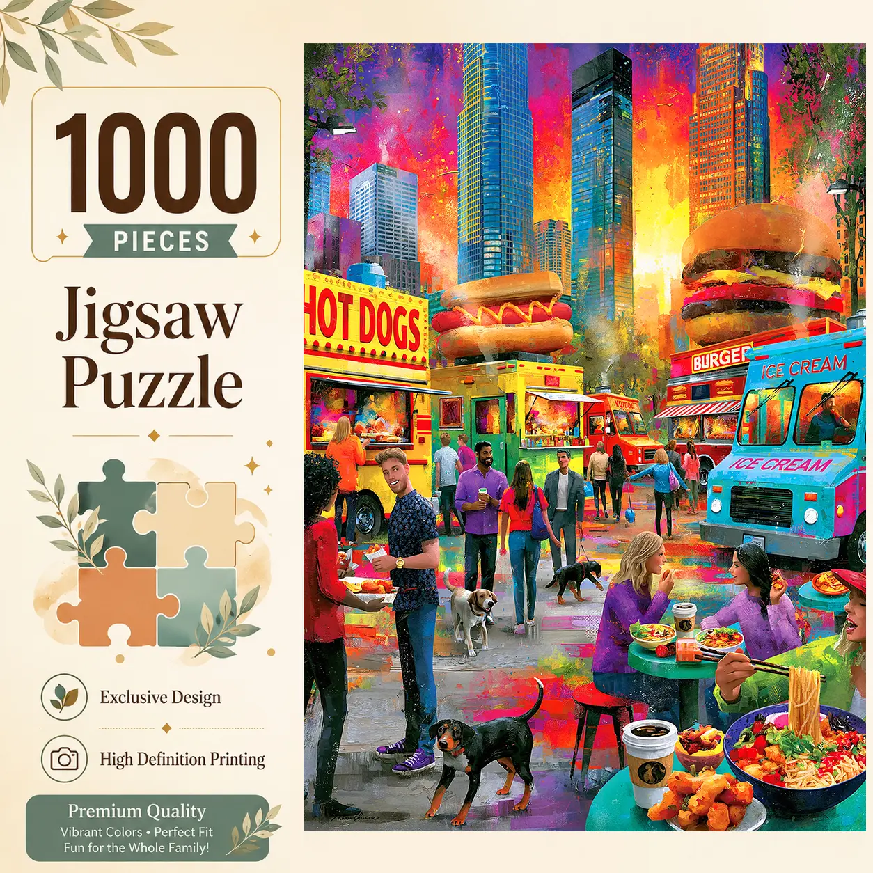 Colorful City Food Truck Festival 1000 Pieces Jigsaw Puzzle for Adults, Challenging Family Game for Stress Relief Relaxation and Brain Exercise, Vibrant Urban Wall Decor Gift for Food Lovers and Seniors, 19.7x27.6inch(50x70cm)