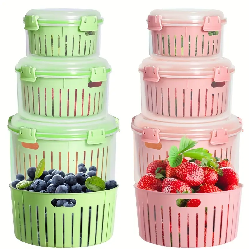 3PCS Fridge Organizers and Stackable Plastic Fruit & Vegetable Storage Boxes, Double Layer Drainage Leak Proof Containers, Kitchen Utensils Organizer Accessories, Household Essentials Kitchen Gadgets, Leak Proof Container