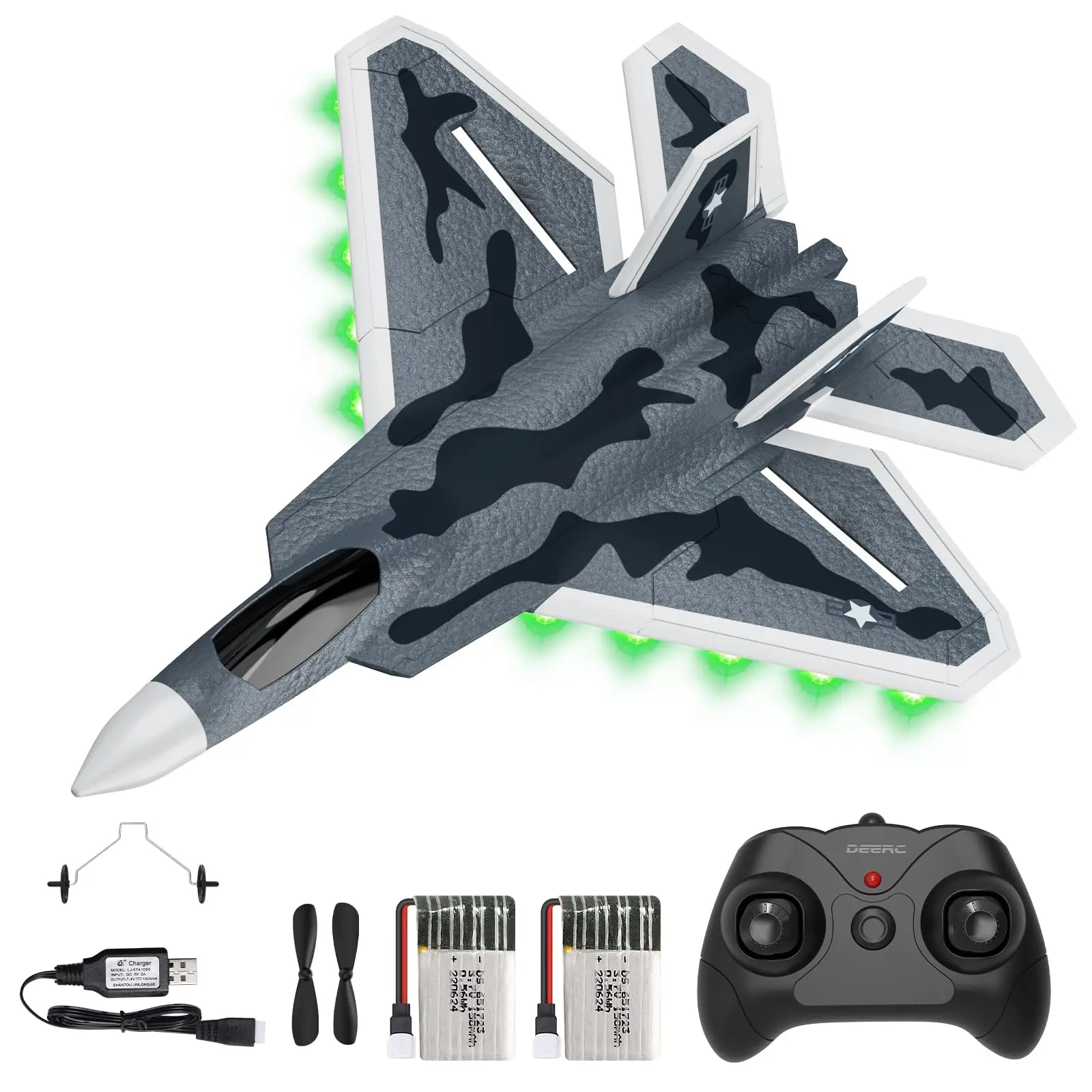 DEERC 2CH F22 Raptor RC Plane with Lights,Remote Control Airplane Fighter Toys,2.4GHz 6-axis Gyro Stabilizer RTF Glider Aircraft Jet Plane with 2 Batteries,Easy to Fly for Kids Beginners Boys