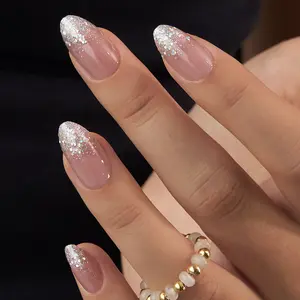 CurvLife Nailora short almond diamond Gel Press On Nails  pink glossy shiny Nail Art 2 Week Wear