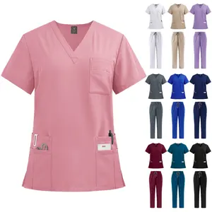 Women's V Neck Drawstring Medical Uniform Scrub Set with Pockets Straight Leg Pants Casual Nurse Outfit Top and Trouser Two Piece