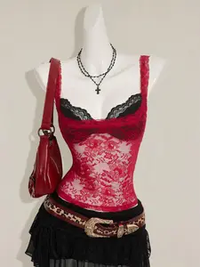Women's Red Lace Semi-Sheer Camisole, Paired With Black Lace Spaghetti Strap Top, 2 Pieces Set,Sexy Tops