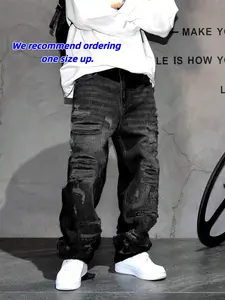 Men's Korean Style Streetwear Casual Patched Ripped Wide Leg Jeans, Loose Fit Straight Tube Pants, Trendy Cool Design, All Seasons