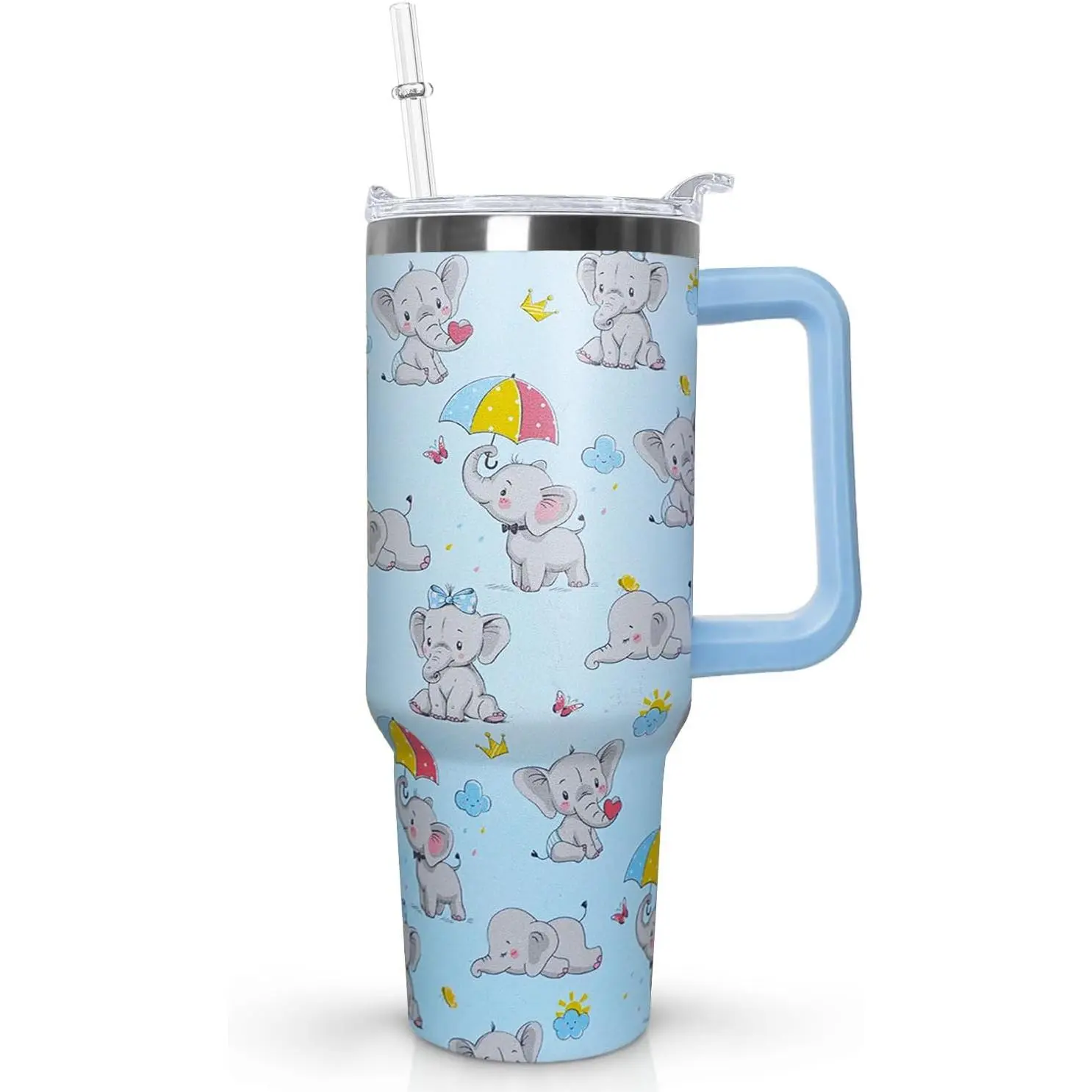 40 Oz Ceovfoi Thermal Leakproof Colorful Stainless Steel Water Bottle Set - Portable Reusable Vacuum Flask Elephant Tumbler-Mug with Handle, Lid, Straw, Ideal Gift for Moms, Elephant Lovers on Mother's Day, Thanksgiving (Animals-Themed 40 Oz Tumbler), Dau