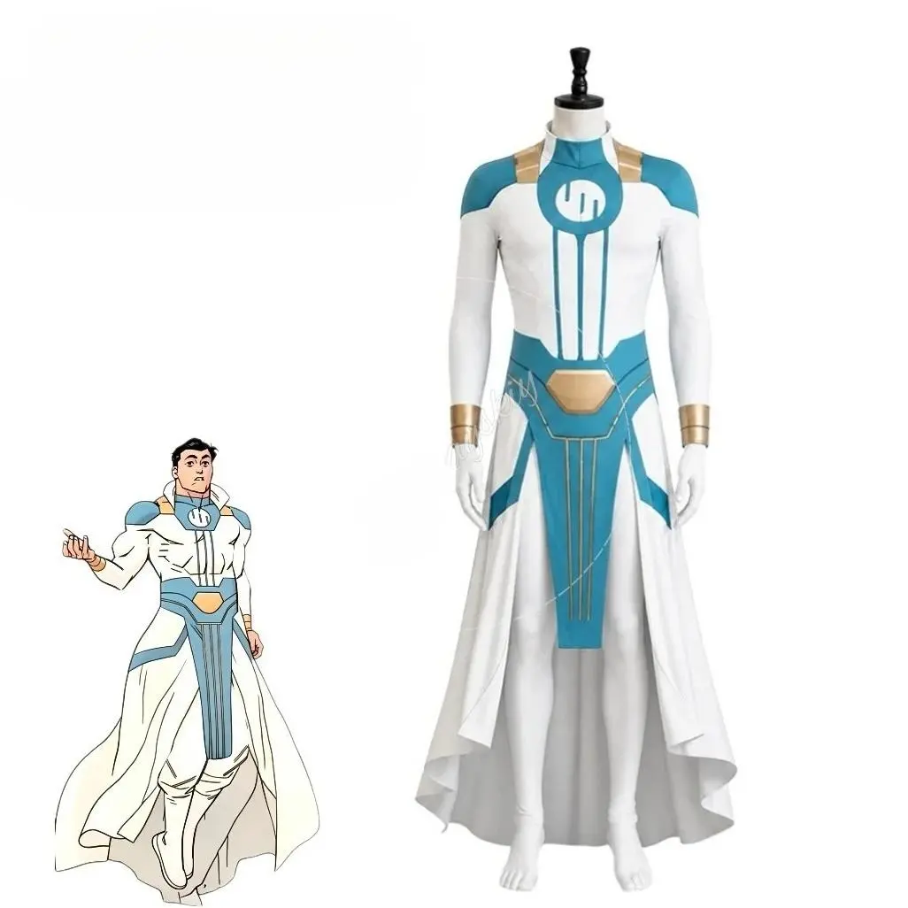 Invinciblee Viltrumite Warrior Cosplay Costume High Rank Viltrum Uniform Blue White Halloween Form-Fitting Jumpsuit 58mm Badge