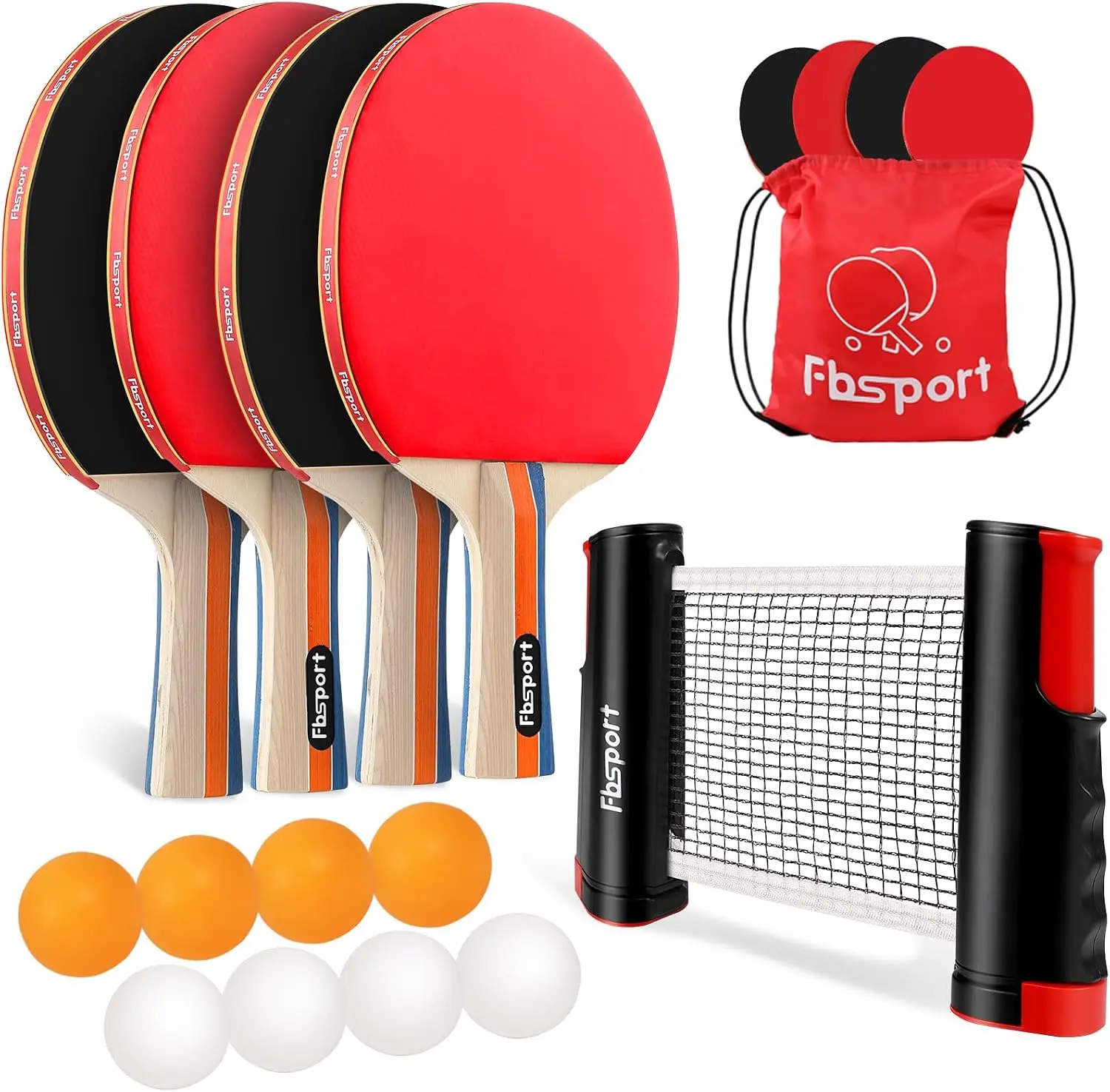 FBSPORT Ping Pong Set - Retractable Net, 4 Rackets, 8 Balls, Storage Bag, Indoor/Outdoor Table Tennis Paddle Accessories, Game
