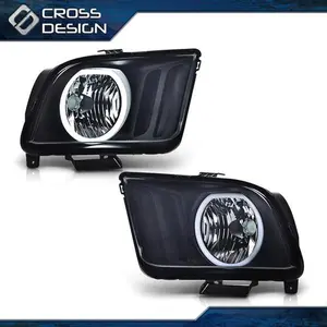CROSSDESIGN Fit For 2005-2009 Ford Mustang Black Housing Smoke Lens Halogen Headlights Lamps
