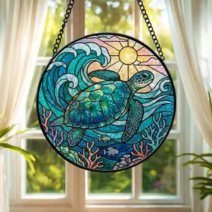 Sea Turtle Stained Glass Suncatcher, Ocean Wave Window Hanging, Coastal Beach Decor, Mother’s Day Gift for Mom