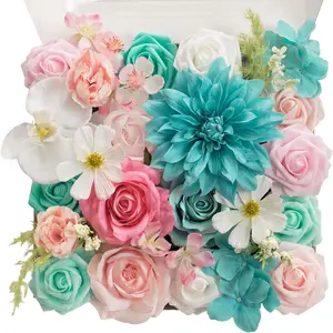 Tinge time artificial flowers combo set teal blue & pink flowers mix silk flowers roses with stem for DIY wedding bridal bouquets baby shower floral arrangement table centerpieces home decorations Decorative Fruit