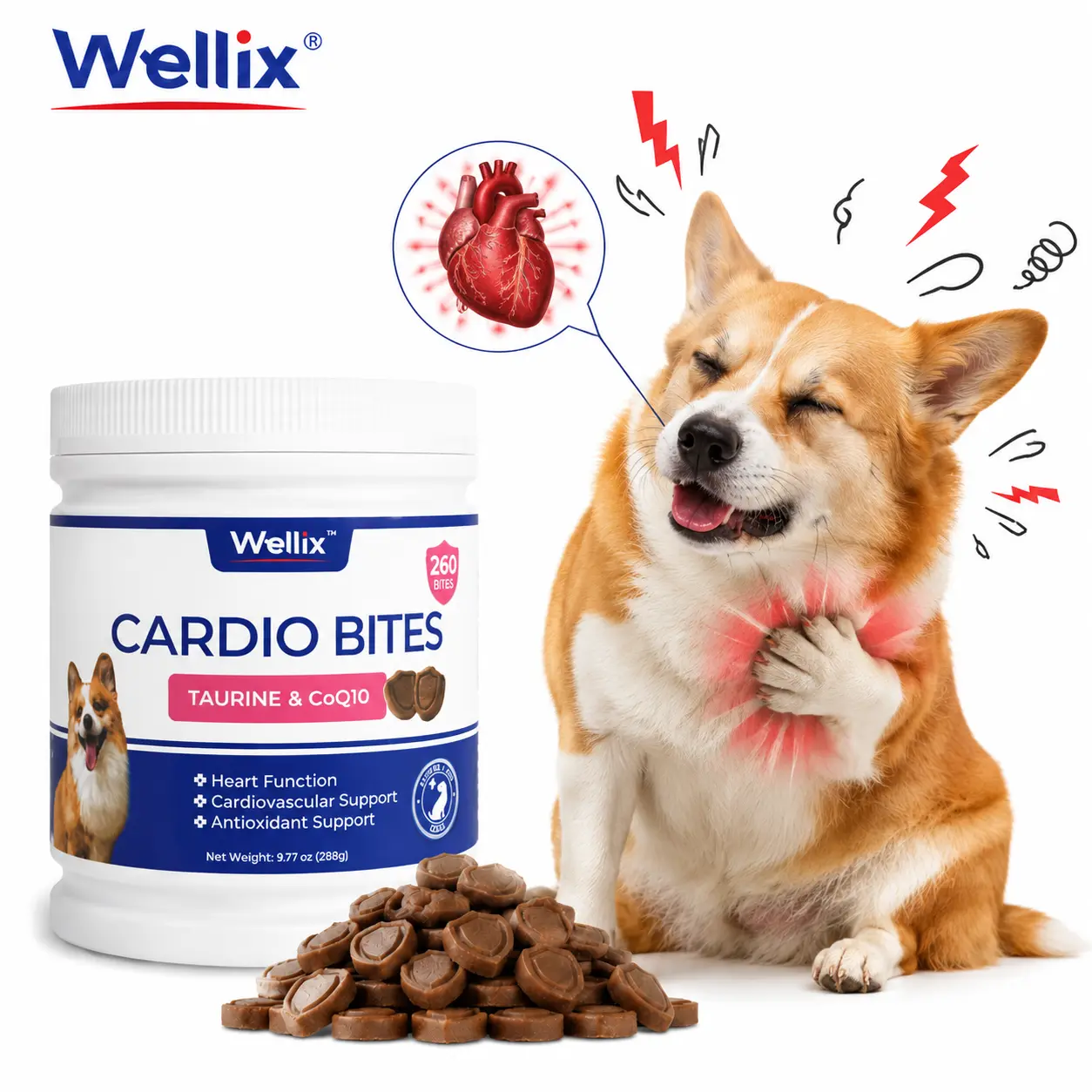 Wellix 260-Count Chicken Flavor Dog Health Supplements, CoQ10 Formula Circulation Aid with Antioxidants, Supports Heart Health & Vitality, Provides Energy Boost
