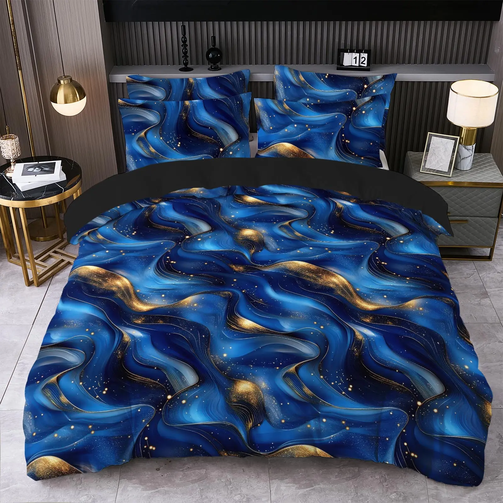 Gilded Blue Celestial Abstract Print 3-Piece Bedding Set - Glam, All-Season, Breathable, Durable, Cooling, Bedroom Decor Bedding Sets Collections (Multi-Size: King/Queen 2 Pillowcases; Twin 1 Pillowcase), Cooling Bedding