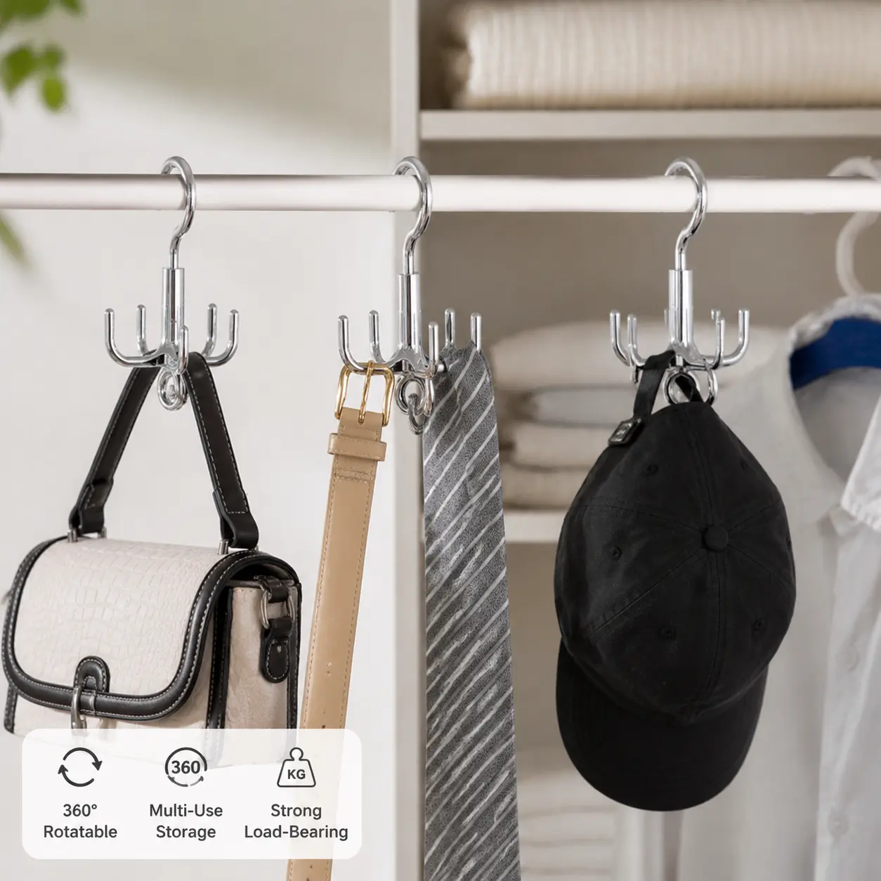1 Count 360 Degree Swivel 4 Prongs Hanging Hook, Plastic Wardrobe Organizer for Hanging Ties Bags Belts and Other Small Accessories