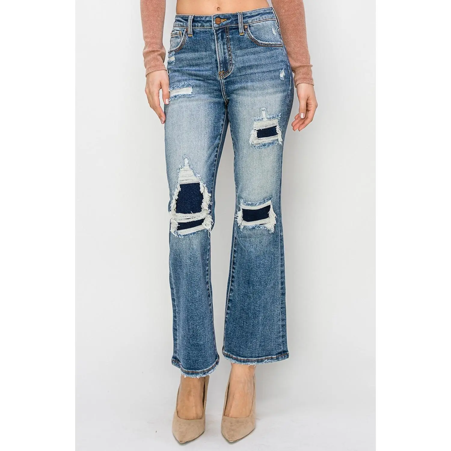 Risen Full Size High Rise Distressed Ankle Flare Jeans
