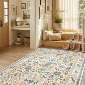ComiComi 8x10 Area Rugs for Living Room Cloud Like Soft Washable Rugs for Bedroom Morris Floral Rug Non Slip Waterproof Carpet for Dining Room Nursery Beige Living Room Carpet