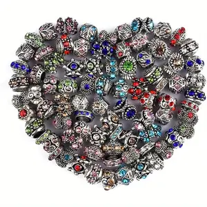 DIY metal alloy mixed Assorted European Beads with Metal Alloy Rhinestone Large Hole Spacer Beads for DIY Charm Bracelet Jewelry Making (Inlaid Drill Alloy)
