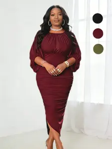 Plus Size Round Neck/sleeveless Dress, Two-Way Wear, Pleated Slim Fit Bodycon Dress, Elegant Chic Spring & Fall Evening Gown