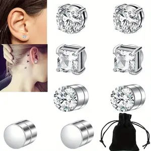 4 Pairs Stainless Steel Magnetic Stud Earrings,Non Piercing Jewelry,Unisex Fake Cubic Zirconia Diamond Ear Ornaments,Suitable for Daily Wear,Festival Party,Birthday Gifts,Hand Tools Kits