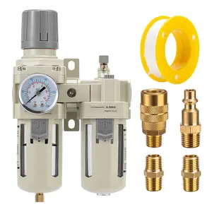 Air Compressor Filter Regulator Lubricator (FRL) Unit,Air  Regulator with  Gauge(0-150PSI),3/8" NPT Oil Water Separator,Semi-Auto Drain,Suitable for Pneumatic Systems