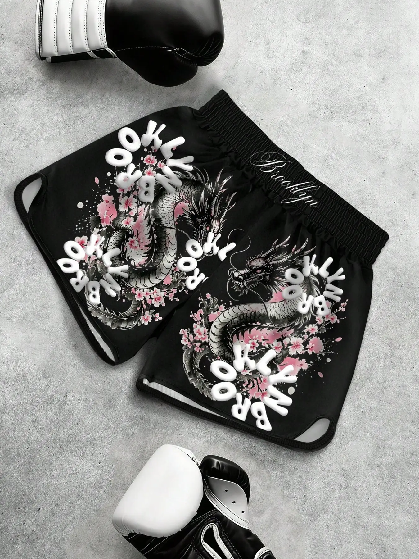 1 Pack Unisex Thai Boxing Fight Shorts, Dragon & Sakura Pattern, Breathable Fabric, Perfect for Men Women Muay Thai MMA Kickboxing Martial Arts Training, Athletic Training Shorts, Graphic Fitness Shorts