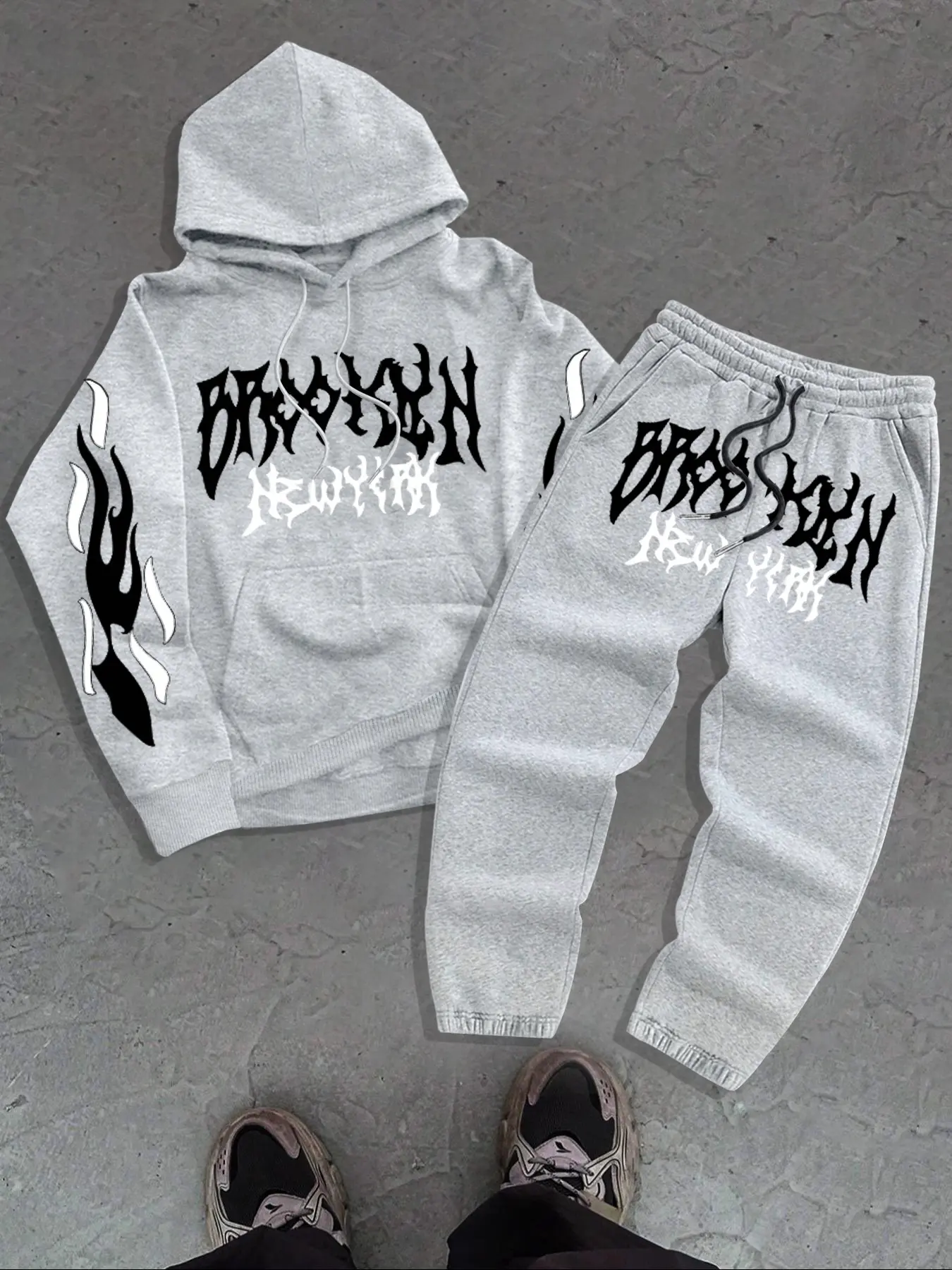 Men's Gothic Letter Print Long Sleeve Hoodie & Drawstring Waist Pants Set, Matching Outfits Set, Graphic Hoodies, Fall Winter Casual Fitted Knit Outwear, Cotton Lined Fabric Outdoor Sports Clothing