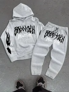 Men's Gothic Letter Print Hoodie & Drawstring Waist Pants Set, Fall Winter Casual Fitted Outwear, Cotton Lined Outdoor Sports Clothing