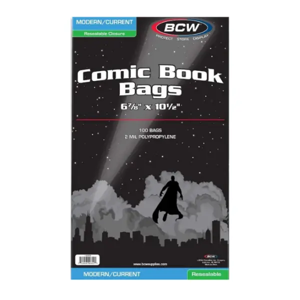 BCW Resealable Comic Book Bags - Modern/Current 100ct - 6 7/8x10 1/2in Acid-Free Archival-Quality Reusable Storage Organizer for Collectible Comics