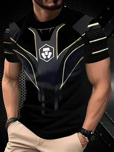 Men's breathable sports and leisure T-shirt, Activewear T shirt, moisture-wicking hexagonal printing design, round neck short-sleeved shirt, suitable for outdoor activities and daily wear, machine washable fabric, durable construction