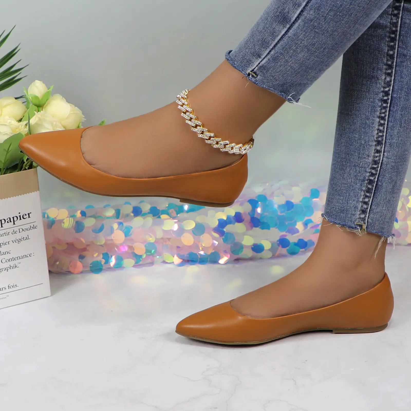 Women's Comfortable Ballet Flats PU Leather Pointed Toe Solid Color Slip-on Girl Classic Lightweight Breathable Casual Dressy Flats Shoes for Work Office Business Commuter Daily Wear