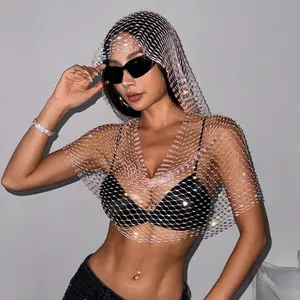 Multi-Use Black Rhinestone Net Headwear - Hooded Mesh Veil & Cape for Halloween Costume, Festival & Club