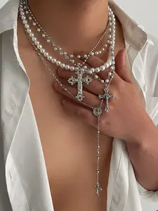 Boho Ccb Faux Pearl Cross Pendant Necklace Set, Cross Design Necklace, Layered Necklaces, Casual Fashion Daily Holiday Party Vacation Jewelry Gift for Men, Dainty Layering Jewelry