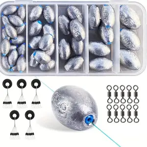 Fishing Accessories Set, 65pcs/set Olive Shaped Lead Weights & Fishing Line Space Beans & Fishing Float Stopper & Fishing Swivel, Fishing Accessories