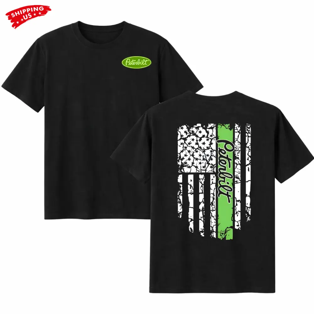 Peterbilt American Flag T-Shirt, Distressed USA Flag Graphic with Green Peterbilt Logo Stripe, Premium Cotton Unisex Truck Driver Shirt Gift for Diesel Truckers