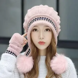 Women Girls Hat Gloves Set Keep Warm Knitted Fur Ball Decoration Cute Fashion Beanies Glove 2 Pieces Set for Winter Beaded White Knuckles