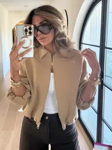 Crop Women's Bomber Baseball Jacket Long Sleeve Black Jacket Short Coat Spring Zip Up Puff Jackets For Woman Street Demi-Season Loose Female Outerwear Casual Chic Outerwear Casual Fashionable Jacket