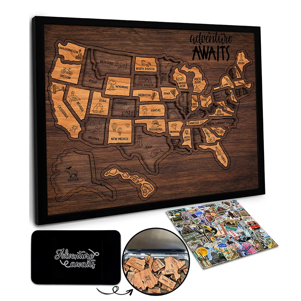 Flinelife Wooden USA Travel Map Puzzle – A Meaningful Gift for Couples & Families to Track Every Adventure! 13x11” Home Decor Box