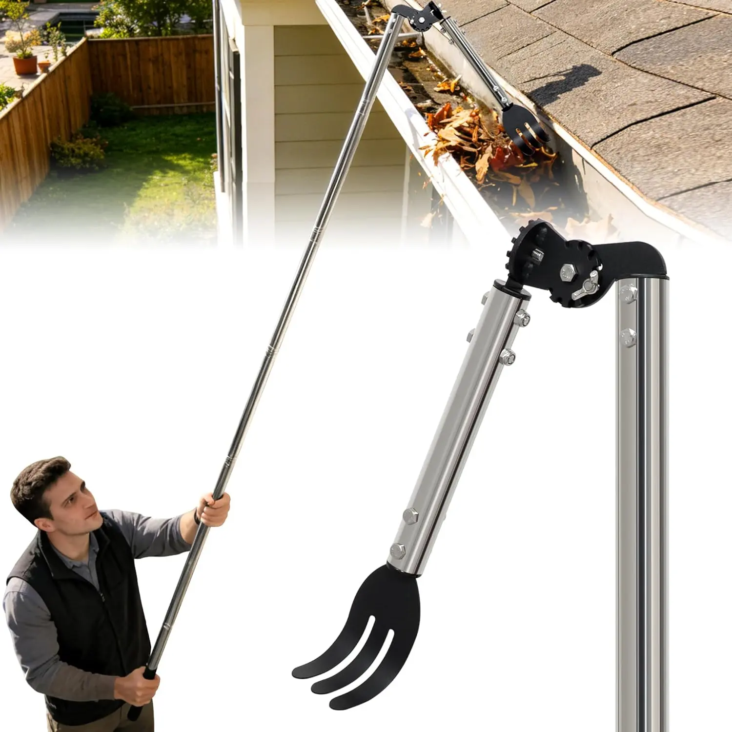 CKLT Adjustable Length Gutter Cleaning Tools from the Ground with Gutter Rake,8.5 FT/12FT/15.5FT Optional for Leaves, Muck and Roof Debris