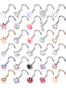 30Pcs Nose Rings Studs for Women Men 316L Stainless Steel Nose Piercings Jewelry 18G 20G Straight L Shaped Corkscrew Nose Rings Cubic Zirconia Created-Opal Nose Studs Hypoallergenic Artificial Zircon