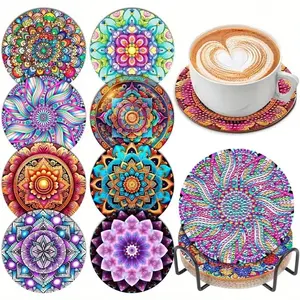 8-Piece Mandala Diamond Painted Coaster Set, Sparkling Rhinestone Heat-Resistant Drink Mats with Stand, Diamond Painting Coasters, DIY Craft Supplies Gift