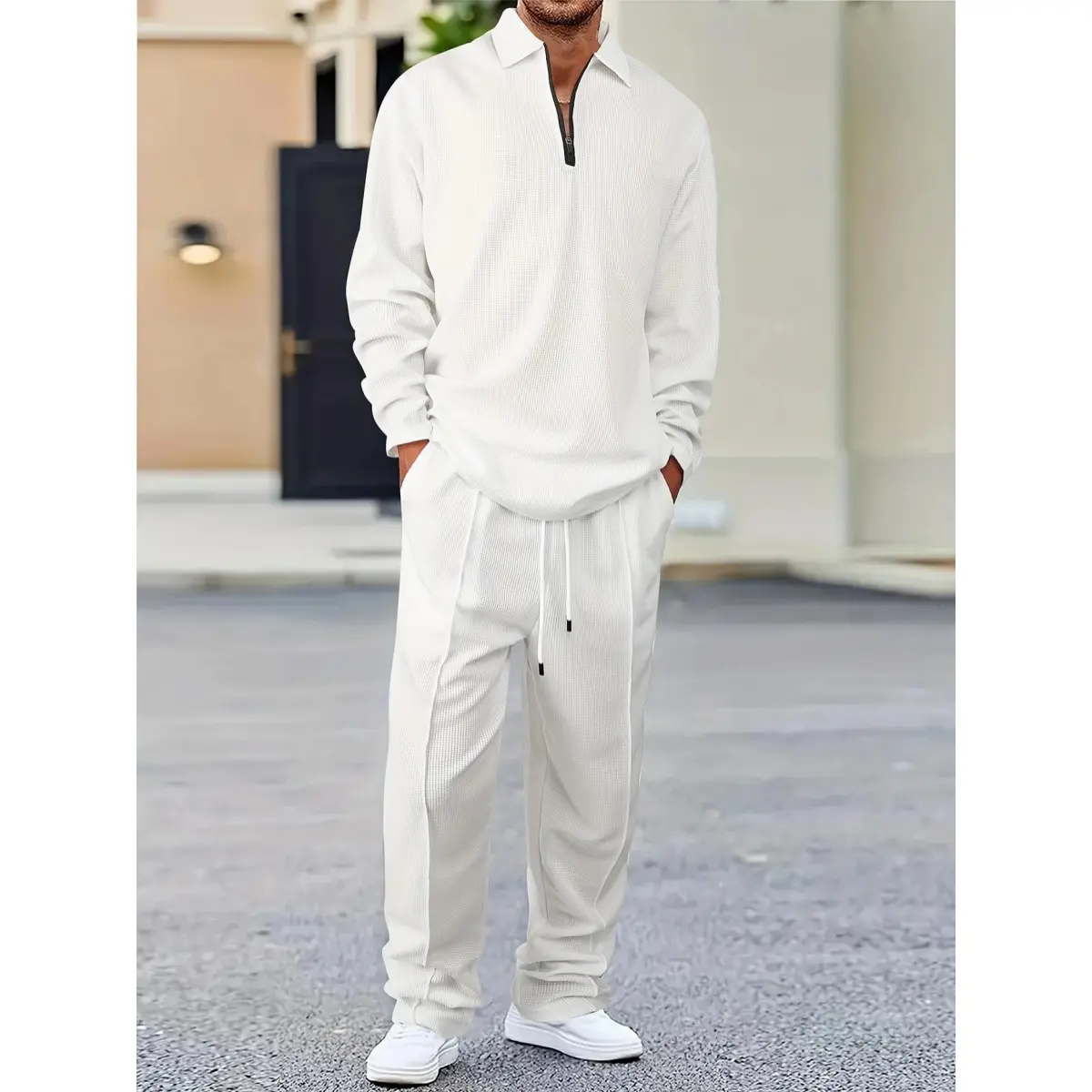 Men's 3-Piece Elegant Solid Checkered Casual Suit Set - Longsleeves Collared Shirt, Drawstring Pants, Comfortable Menswear Clothes for Spring Autumn Daily Wear