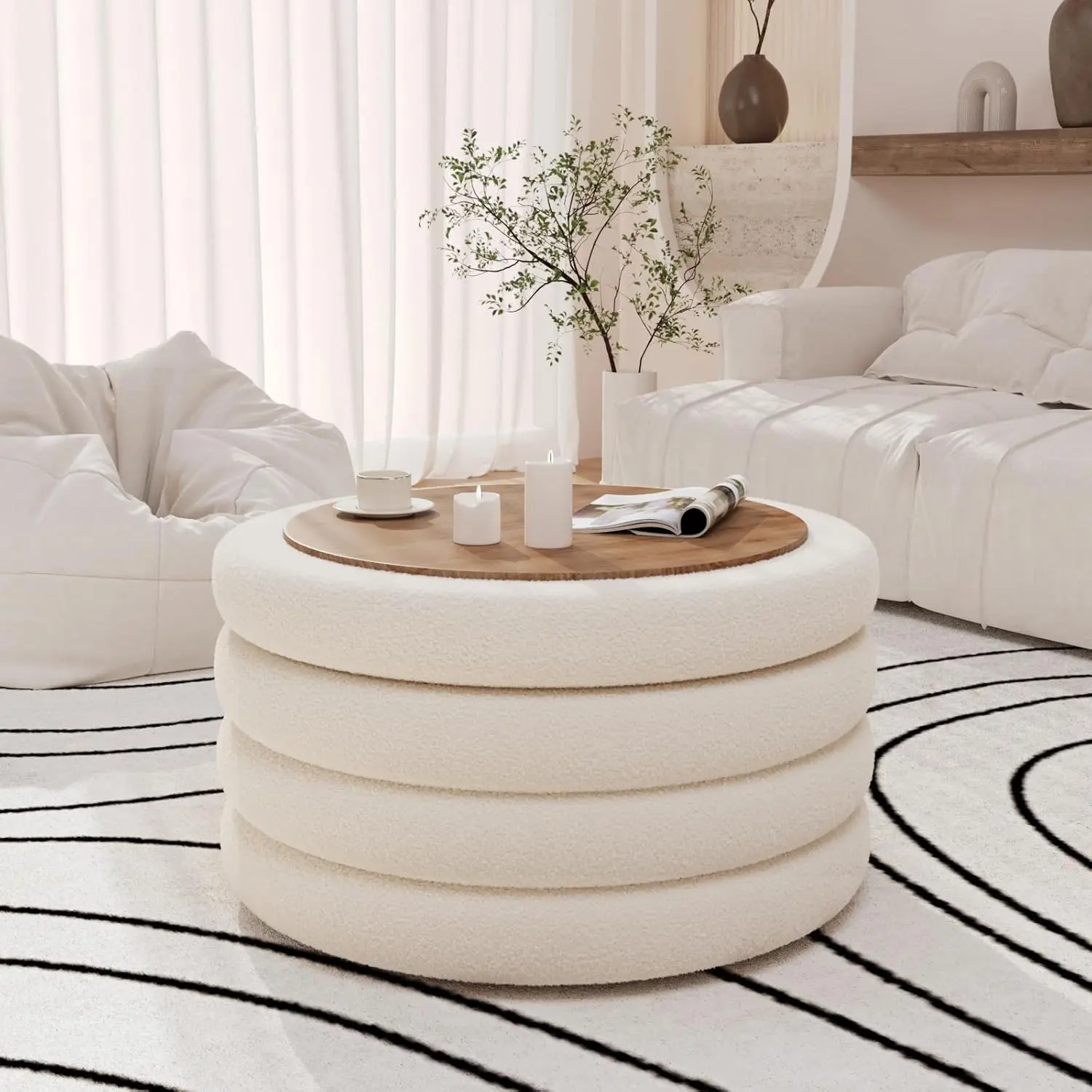 [Summergarden] Vabches 30-Inch Round Ottoman Coffee Table with Storage, Large Sherpa Ottoman with Tray, Multi-Functional Modern Footrest for Living Room Couch, Cream White Coffee Tables