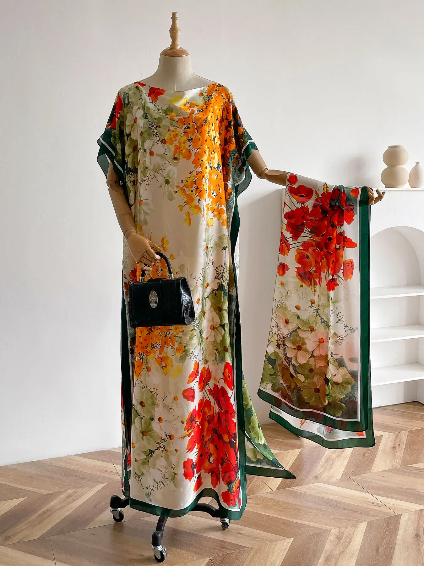 Women's Floral Print Long Sleeve Kimono & Scarf Set, Elegant Casual Open Front Outerwear & Long Scarf Set for Beach Vacation Swimsuit Coverup, Ladies Clothes Accessories