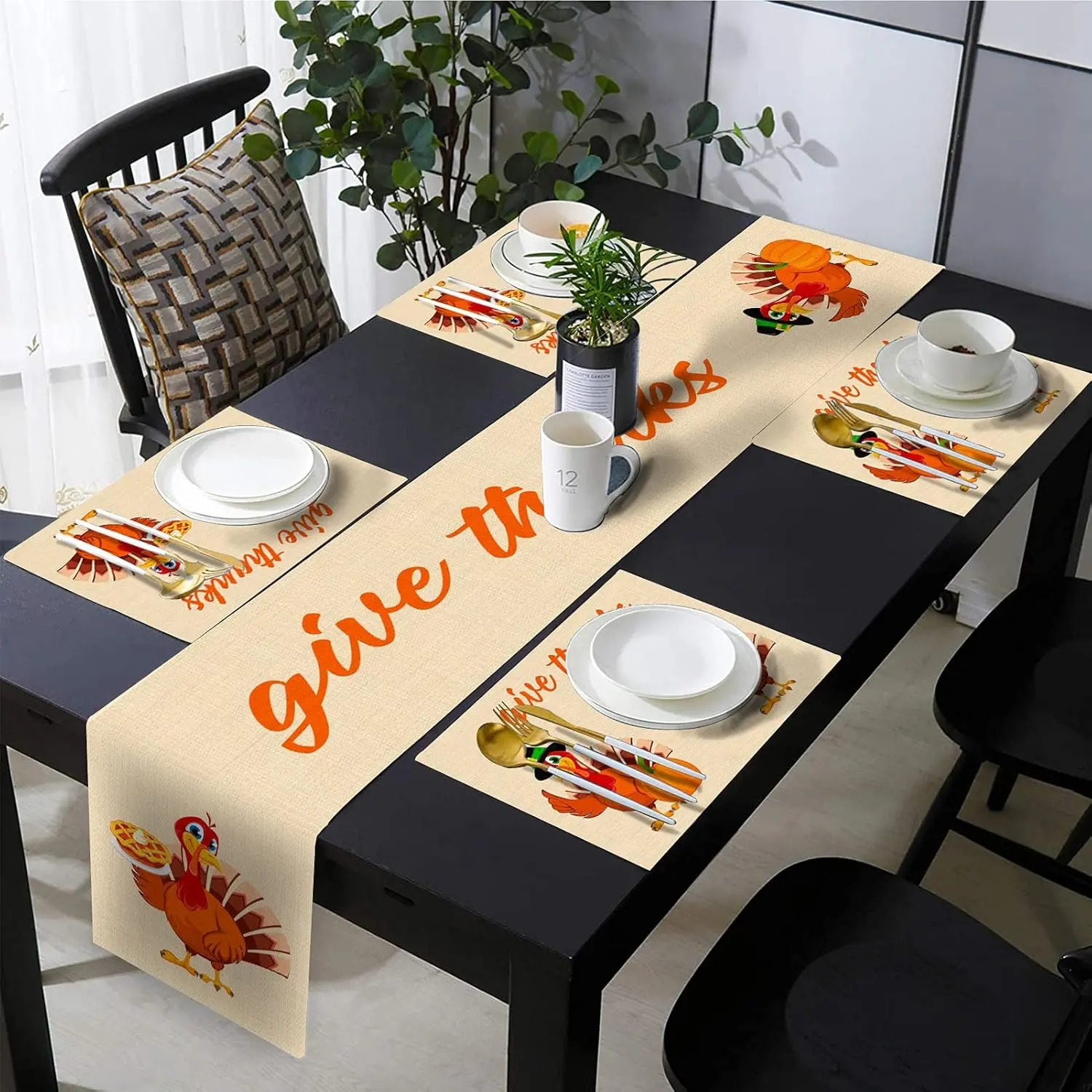 1/4/5/7 piece set, Rectangle, Thanksgiving orange turkey table flag+placemat combination, autumn heat-resistant set, Dinner Table, suitable for indoor/outdoor family parties, Thanksgiving restaurant kitchens, daily use