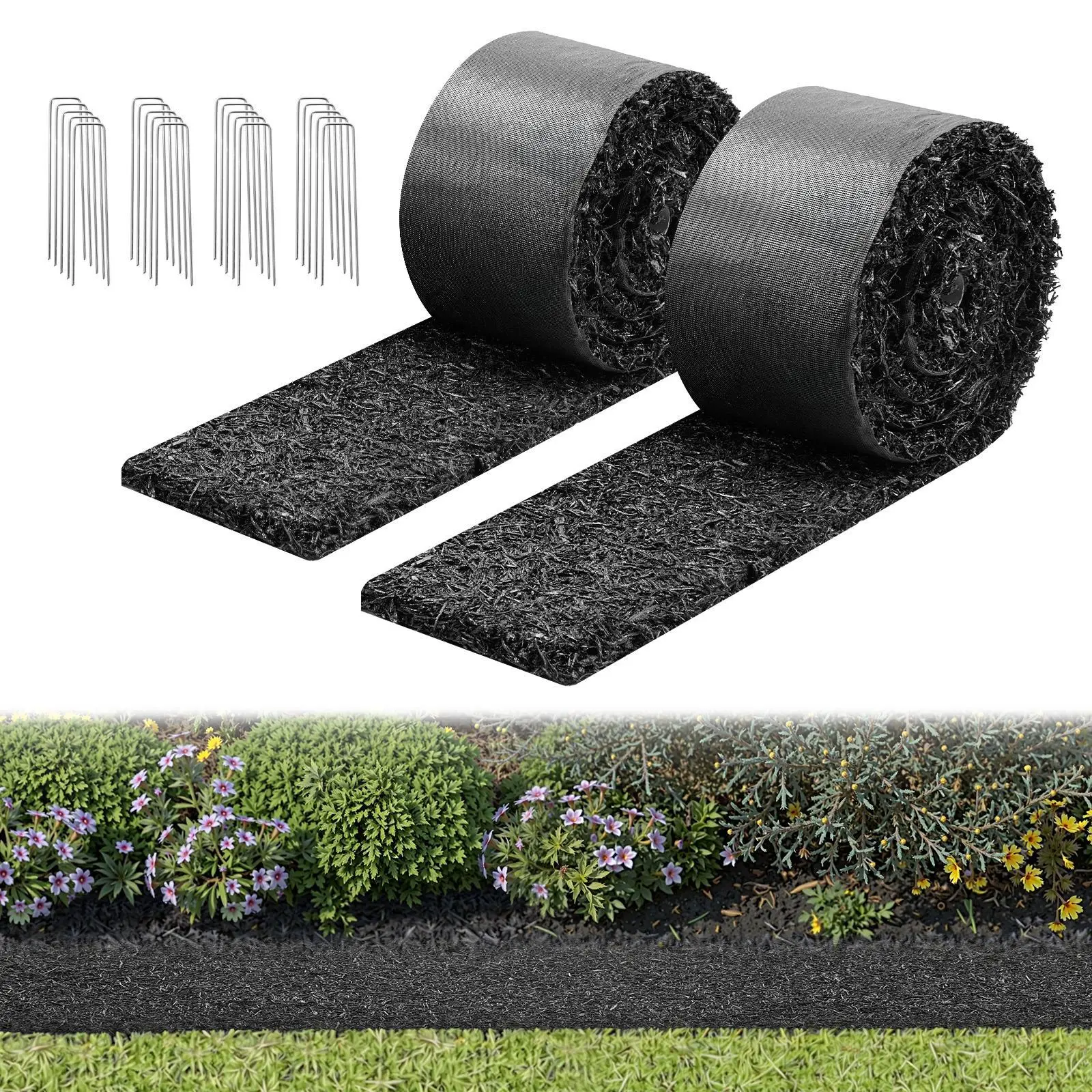 VEVOR 2-Pack 100% Recycled Rubber Fiber Mulch Mat Roll, 120x4.5in (3050x115mm) 0.5in Thick Cuttable Roll with Stakes, Weed-Blocking Double Barrier, Breathable Outdoor Yard Landscape Edging for Yard, Vegetable Garden#BacktoSchool