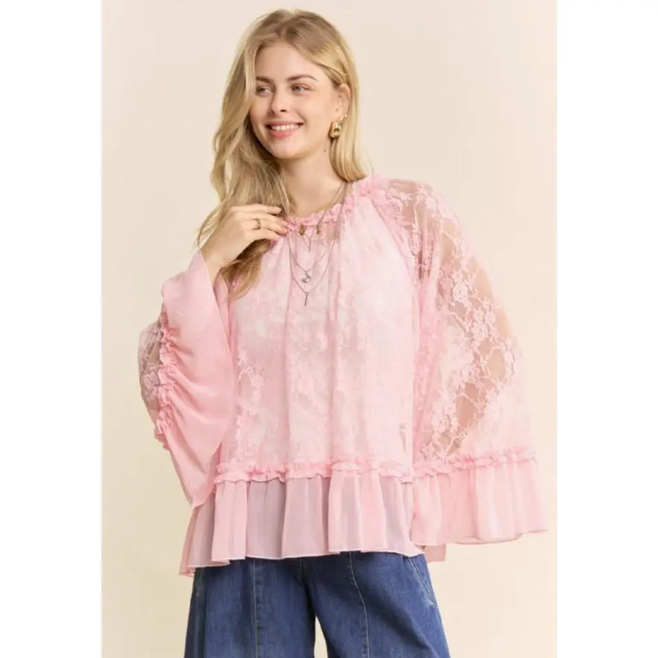 Bell Sleeve Lace Blouse - Pink