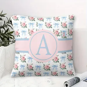 Coquette Rose & Blue Bow Initial A-Z Throw Pillow, Personalized Initial Print Cushion, Includes Pillow Core, Soft Aesthetic Decor for Girls Bedroom, Living Room, Sofa & Dorm