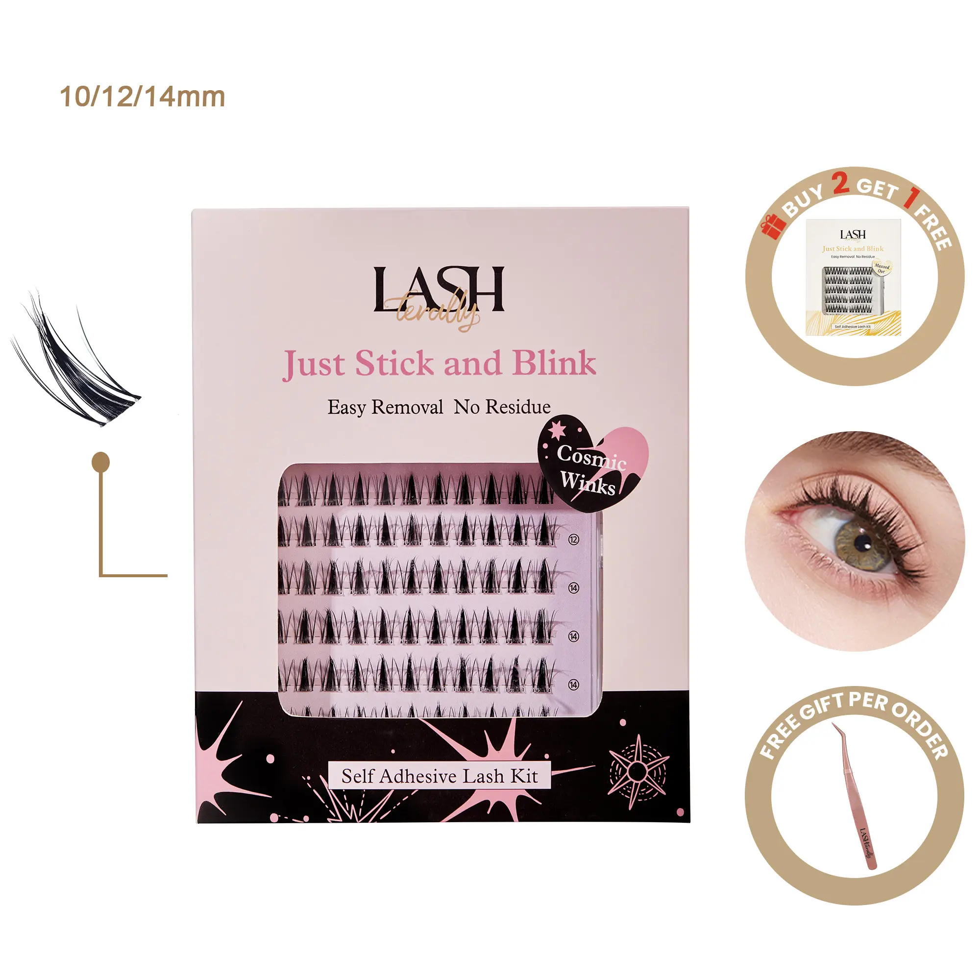 Lashterally Cosmic Winks Self-Adhesive Lash Cluster Kit - Lightweight Anime D-Curl Glue-Free False Eyelashes, Adhesives, 10-14mm Mix Sizes, 110 Fluffy Manga Style Pcs, Tweezer, Beginner-Friendly Adult Doll Makeup Lashes, Anime Lashes