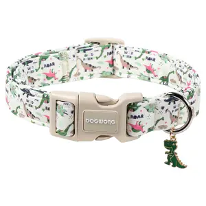 DOGWONG Dinosaur Dog Collar, Adjustable Cotton Puppy Accessory with Quick-Release Buckle for Small, Medium & Large Dogs