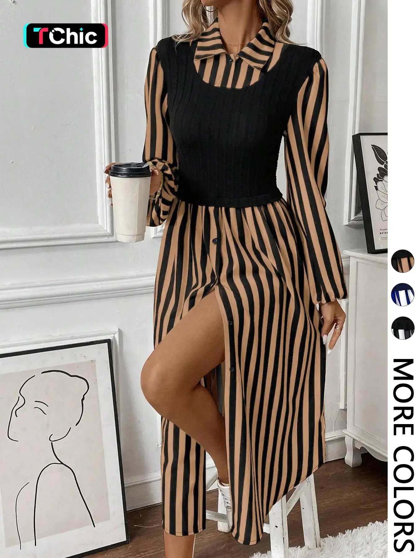 Women's Fitted Long Sleeve Striped Button Front Shirt Dress with Layered Design, Casual Wear Spring & Fall Fashion Clothes, Elegant Chic Dress, Classy Dress
